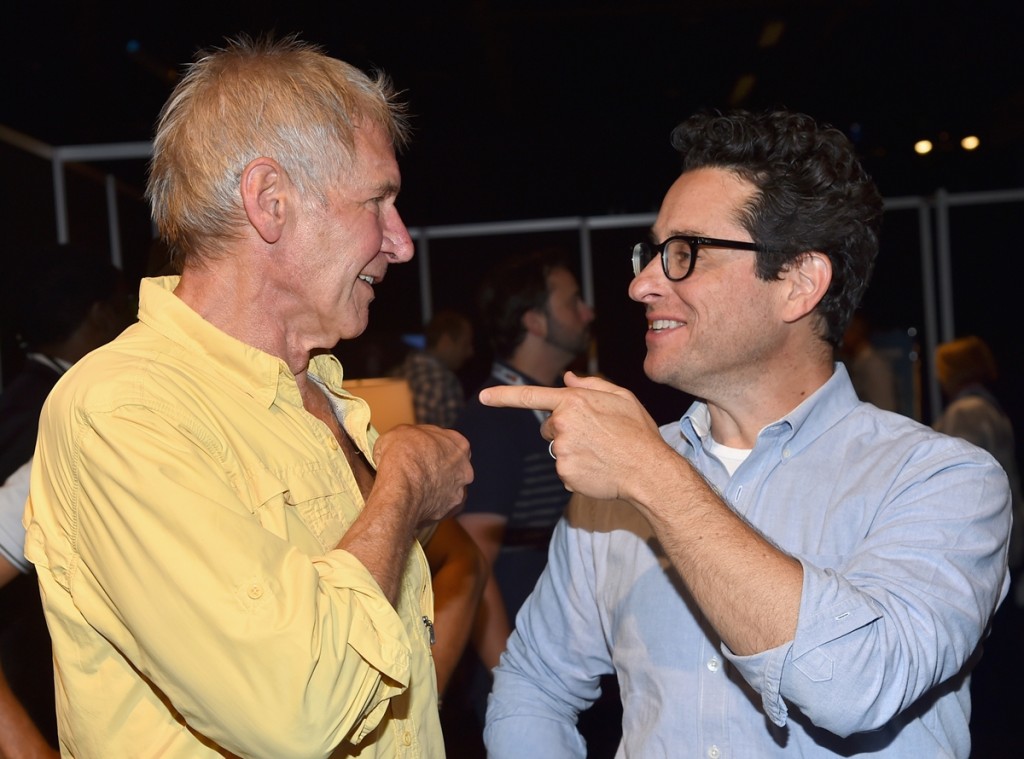 ANAHEIM, CA - AUGUST 15:  Actor Harrison Ford (L) and director J.J. Abrams of STAR WARS: THE FORCE AWAKENS took part today in "Worlds, Galaxies, and Universes: Live Action at The Walt Disney Studios" presentation at Disney's D23 EXPO 2015 in Anaheim, Calif.  (Photo by Alberto E. Rodriguez/Getty Images for Disney) *** Local Caption *** Harrison Ford; J.J. Abrams