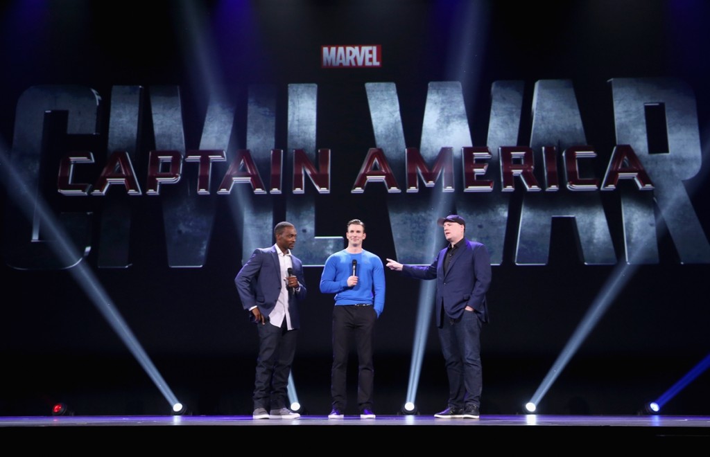 ANAHEIM, CA - AUGUST 15:  (L-R) Actors Anthony Mackie, Chris Evans and Producer Kevin Feige of CAPTAIN AMERICA: CIVIL WAR took part today in "Worlds, Galaxies, and Universes: Live Action at The Walt Disney Studios" presentation at Disney's D23 EXPO 2015 in Anaheim, Calif.  (Photo by Jesse Grant/Getty Images for Disney) *** Local Caption *** Anthony Mackie; Chris Evans; Kevin Feige